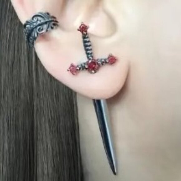Unisex Gothic Punk Sword Stud Earrings Silver Alloy with Sparkling Red Crystals - Picture 3 of 5